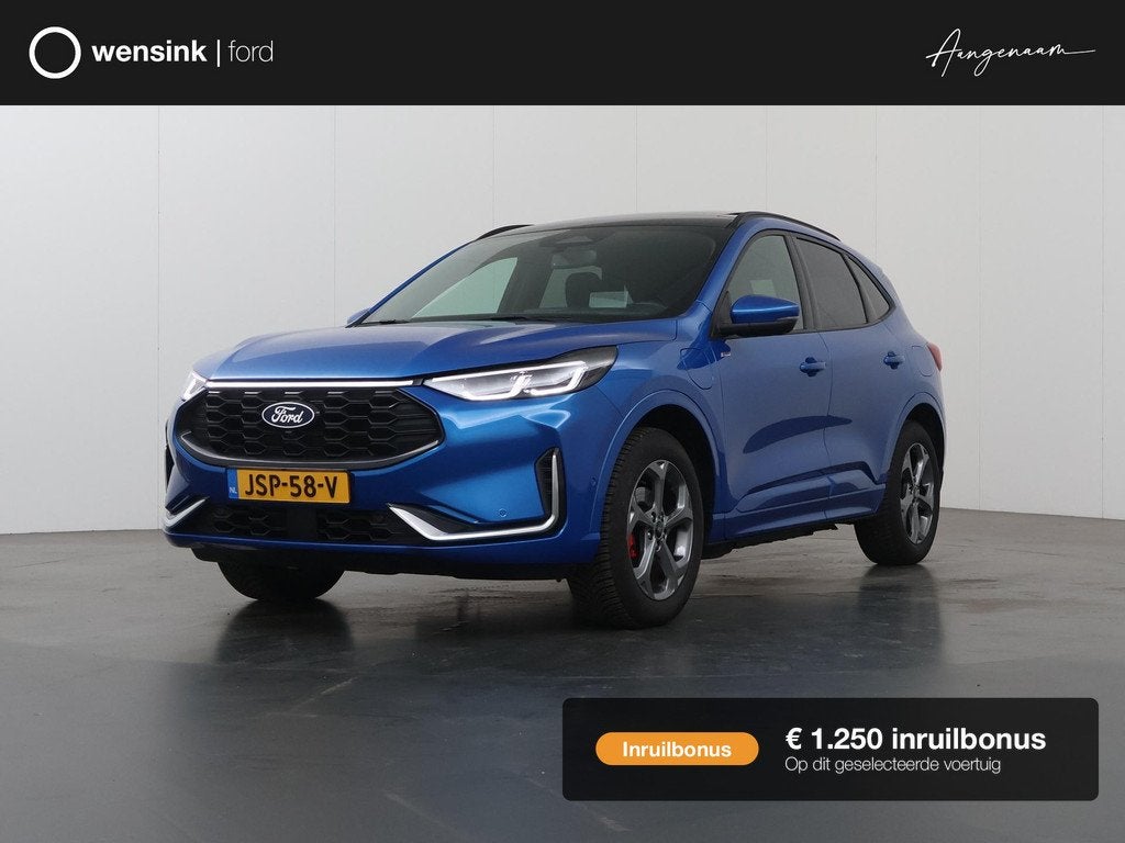 Ford Kuga 2.5 PHEV ST-Line X | Elekt inklapbare Trekhaak | P, Auto's, Ford, 14 kWh, Gebruikt, Blauw, Leder en Stof