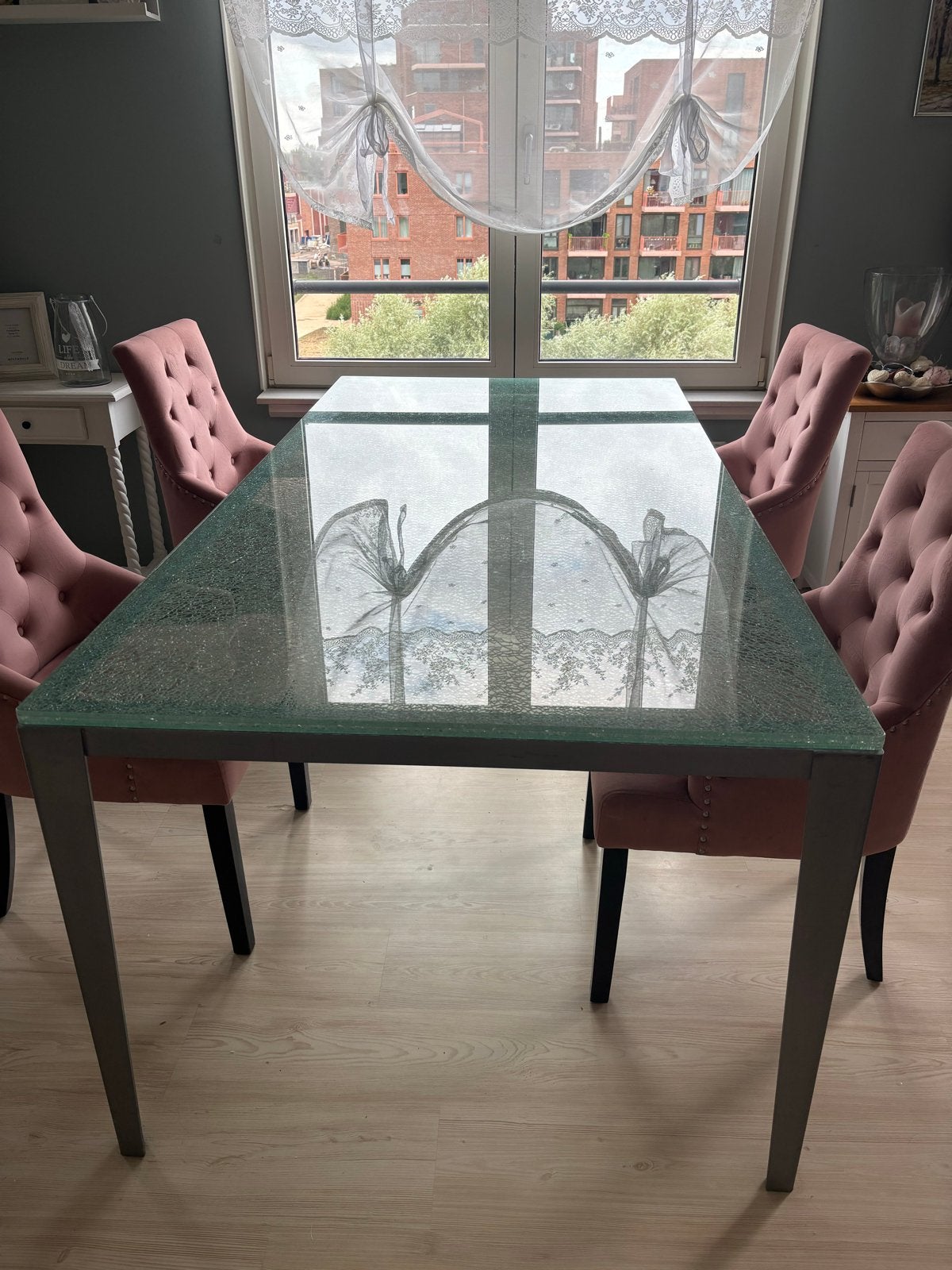 Gratis ophalen, zware eettafel met glazen blad (200x100 cm), Ophalen, Gebruikt, 100 tot 150 cm, 200 cm of meer