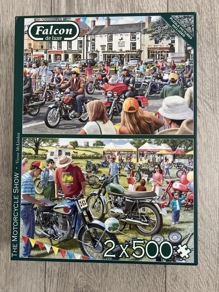 Falcon puzzels 2x 500 st. Motorcycle Show -, Ophalen of Verzenden, 500 t/m 1500 stukjes, Zo goed als nieuw, Legpuzzel