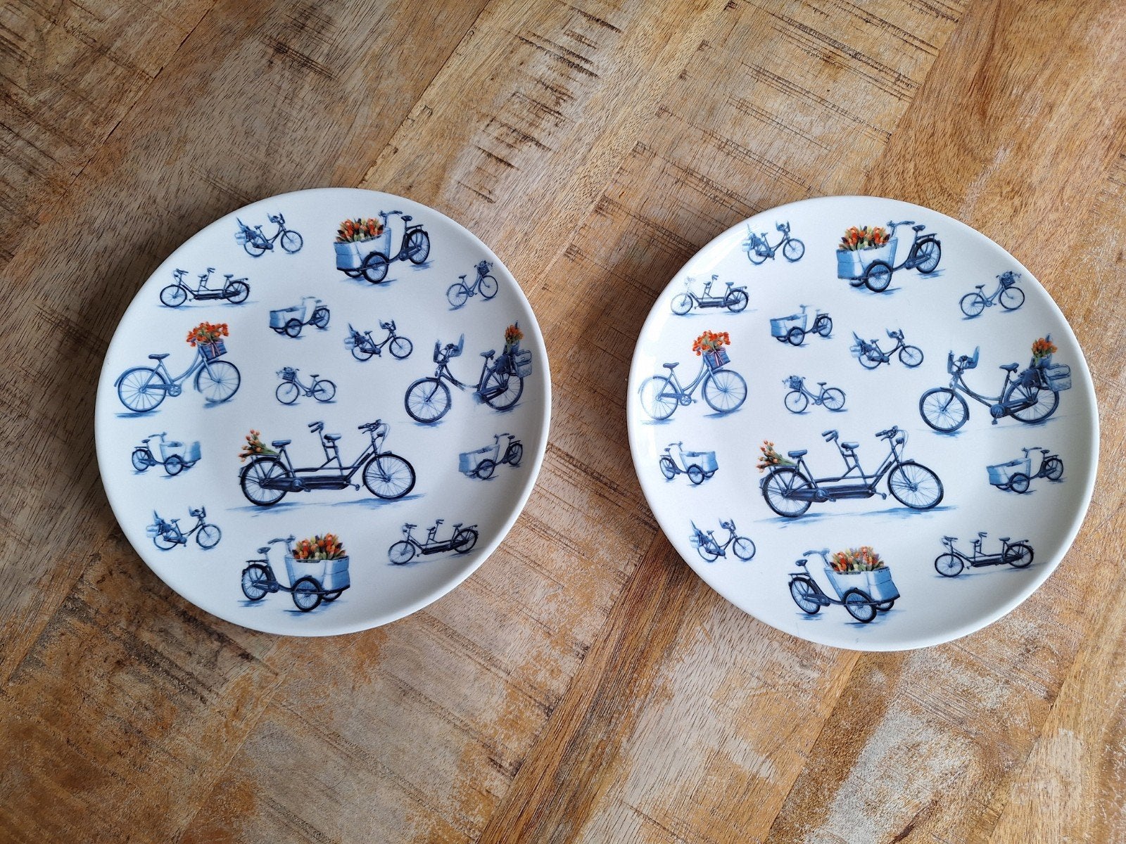 2 Heinen Delfts Blauw bordjes met Hollands fiets tafereel, Ophalen of Verzenden
