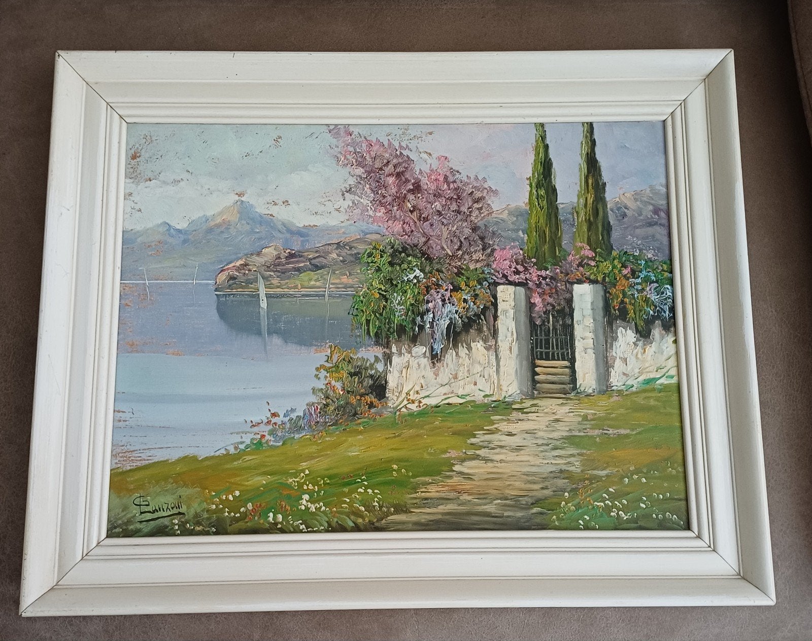 Schilderij met houten lijst - Landschap aan het water, Antiek en Kunst, Ingelijst, Doek, Realistisch, Ophalen of Verzenden