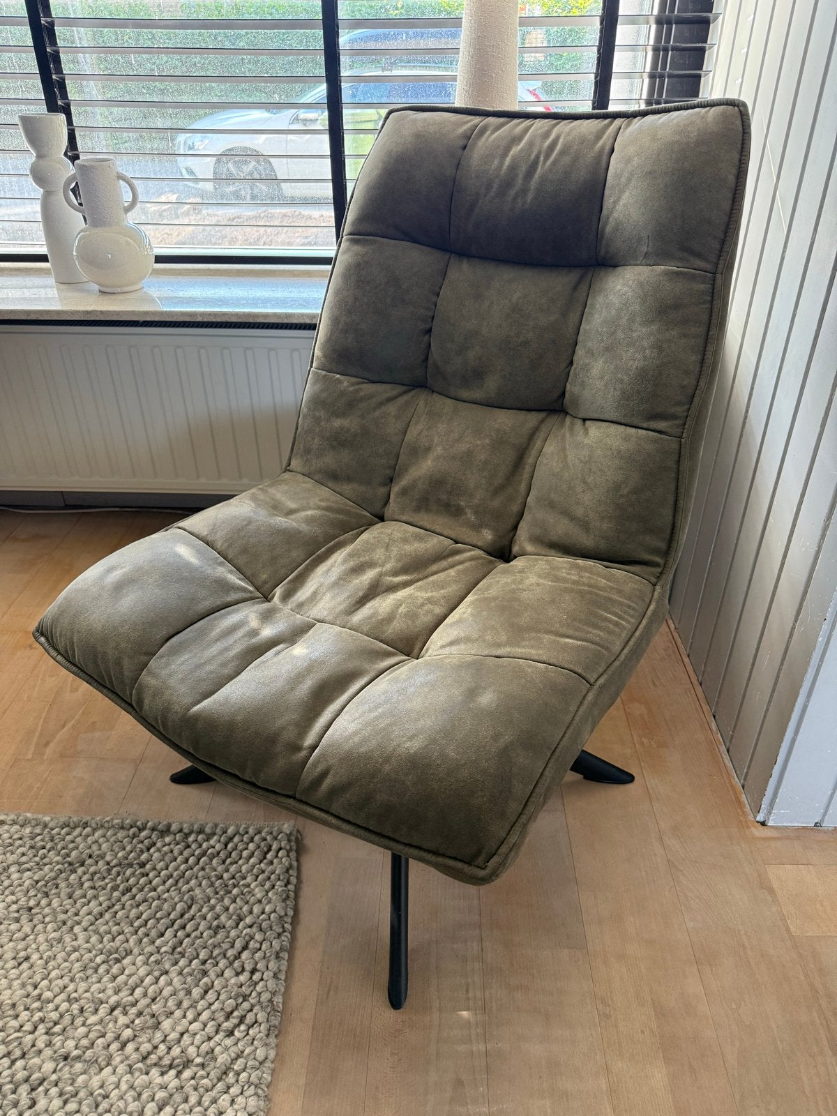 Groene draai Fauteuil van merk Woood model Jouke, Ophalen, Gebruikt, Minder dan 75 cm, 75 tot 100 cm