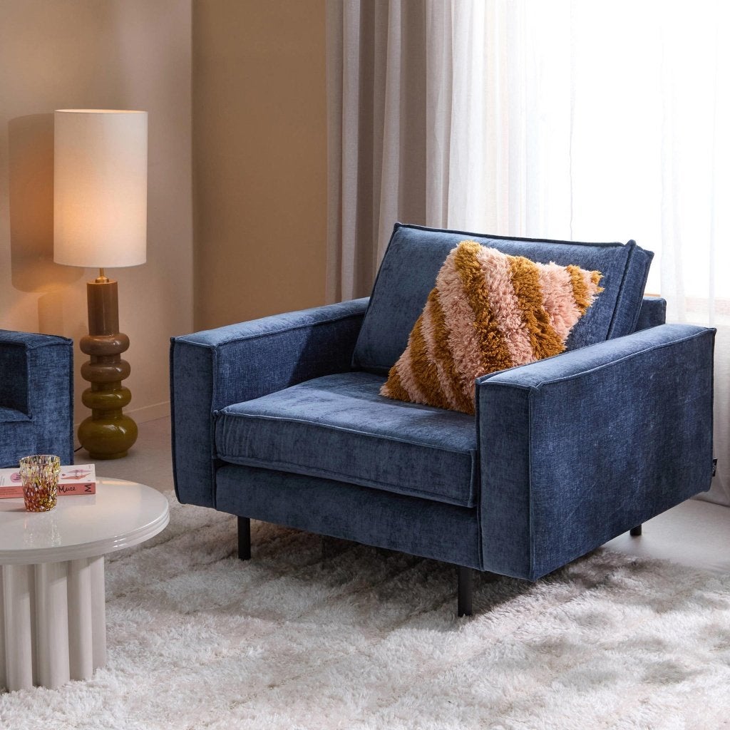2 x Stijlvolle blauwe fauteuil van NOUS Living - ZGAN, Ophalen, 75 tot 100 cm, Zo goed als nieuw, 100 tot 125 cm