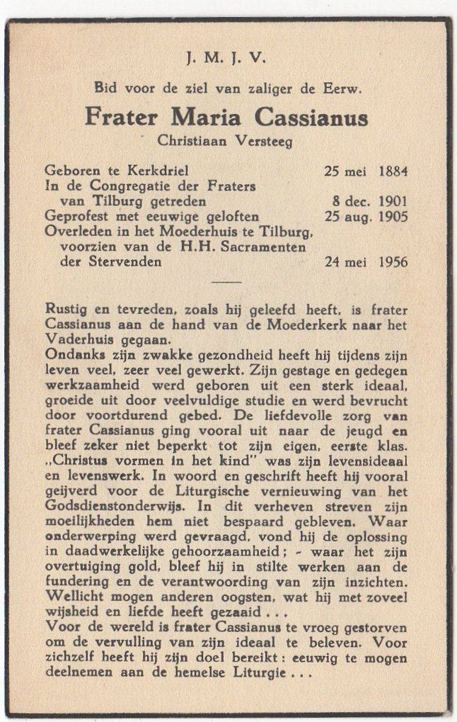 frater Christiaan Versteeg 1884 Kerkdriel + 1956 Tilburg, Verzamelen, Bidprentjes en Rouwkaarten, Verzenden