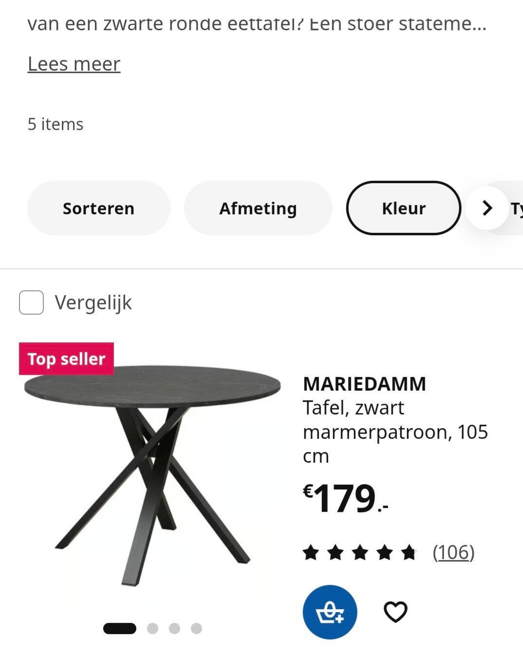 MARIEDAMM Ronde Eettafel - Zwart Marmerpatroon, 105 cm, Overige materialen, Rond, Zo goed als nieuw, Vier personen