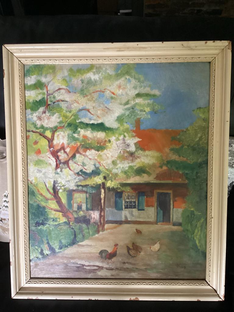 Schilderij: Boerderij met bloeiende boom en kippen (61x52), Ophalen of Verzenden