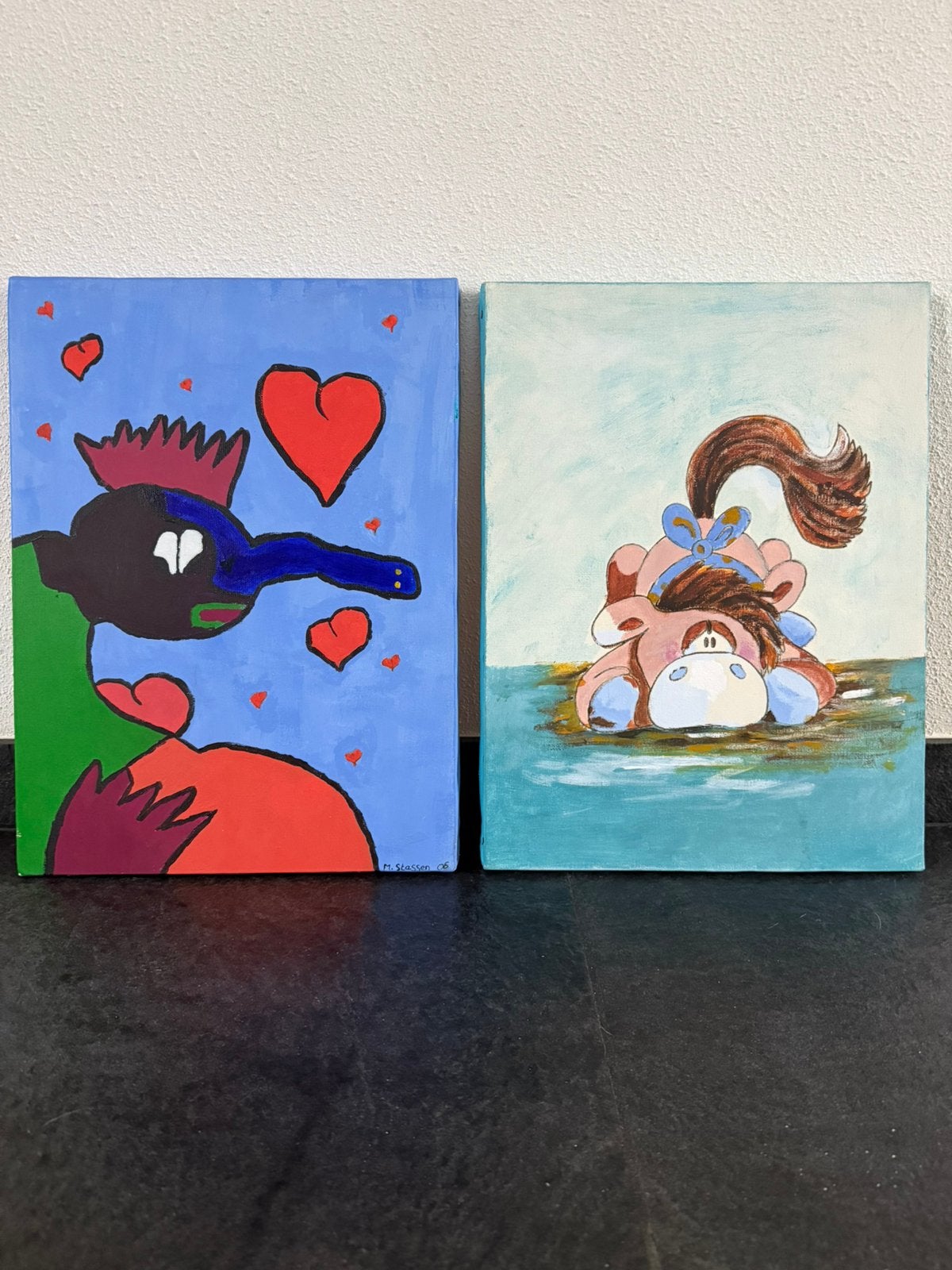 2 schilderijen voor op de kinderkamer. 30x40 cm., Ophalen of Verzenden, Zo goed als nieuw, Handgemaakt, Wanddecoratie