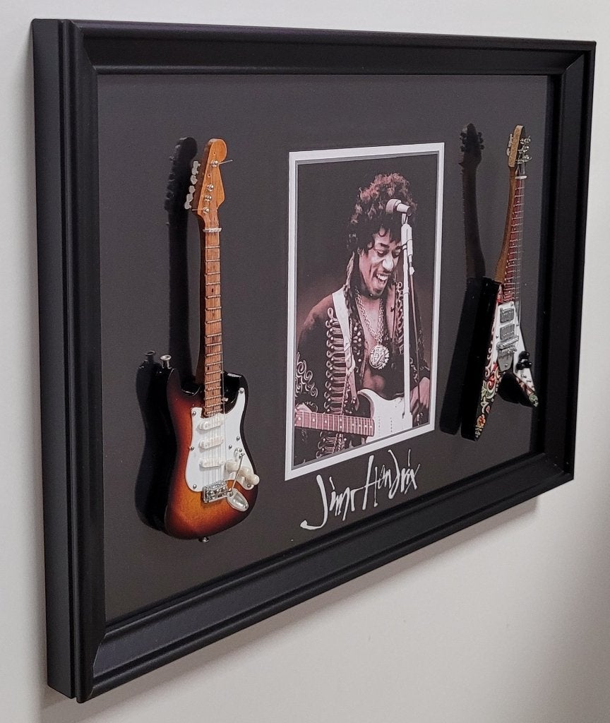 Jimi Hendrix lijst met 2 miniatuur gitaren wanddeco decor, Info@deconoord.nl, Deco Noord, Nieuw, Ophalen of Verzenden