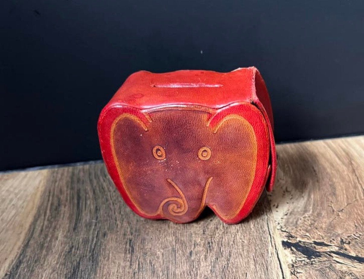 Vintage Leren Spaarpot in de vorm van een Olifant, Verzamelen, Ophalen of Verzenden, Zo goed als nieuw, Overige materialen, Dier