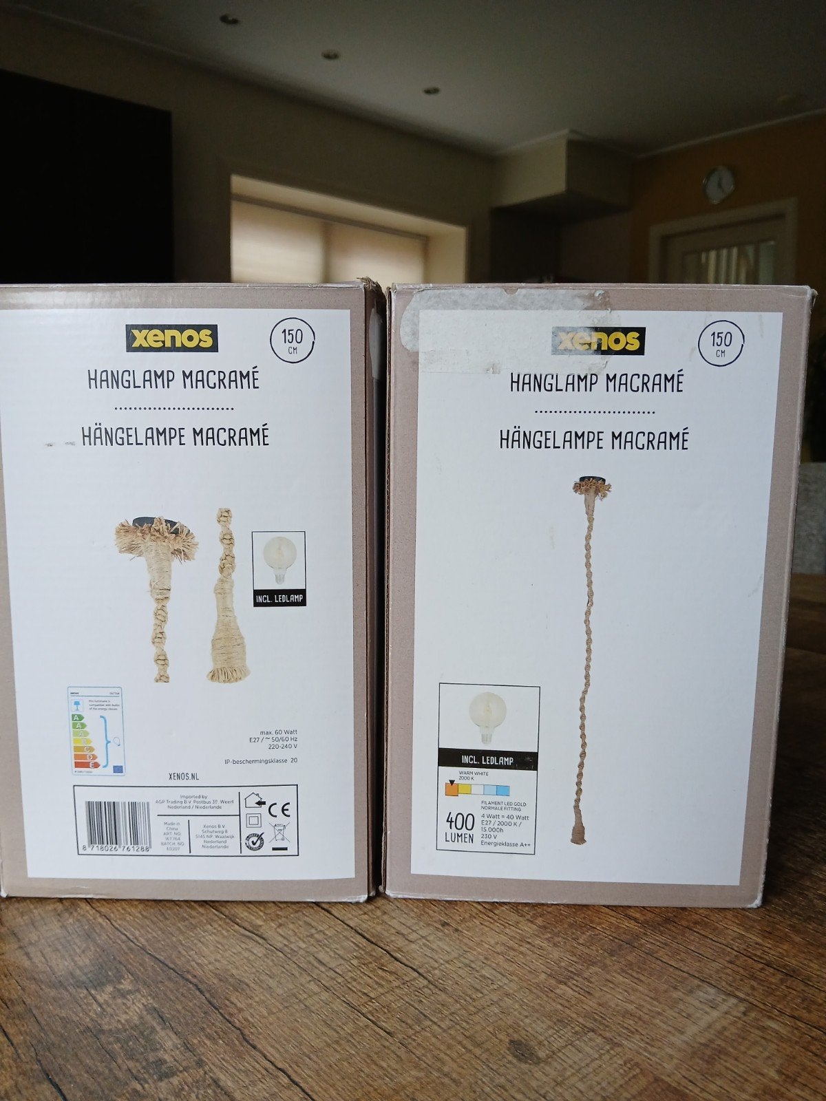 Hanglamp Macrame 150 cm 2 stuks, Huis en Inrichting, Ophalen, Natuurlijk materiaal, Nieuw, E27 (groot)