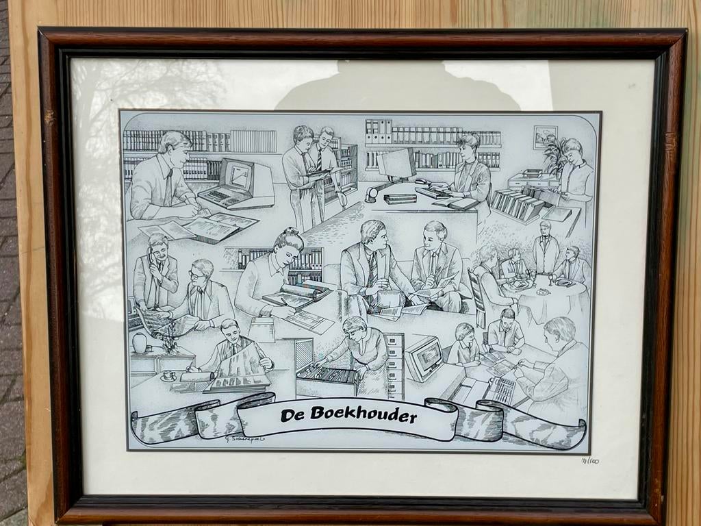 Ets 'De Boekhouder' in lijst, gesigneerd, Antiek en Kunst, Ophalen of Verzenden