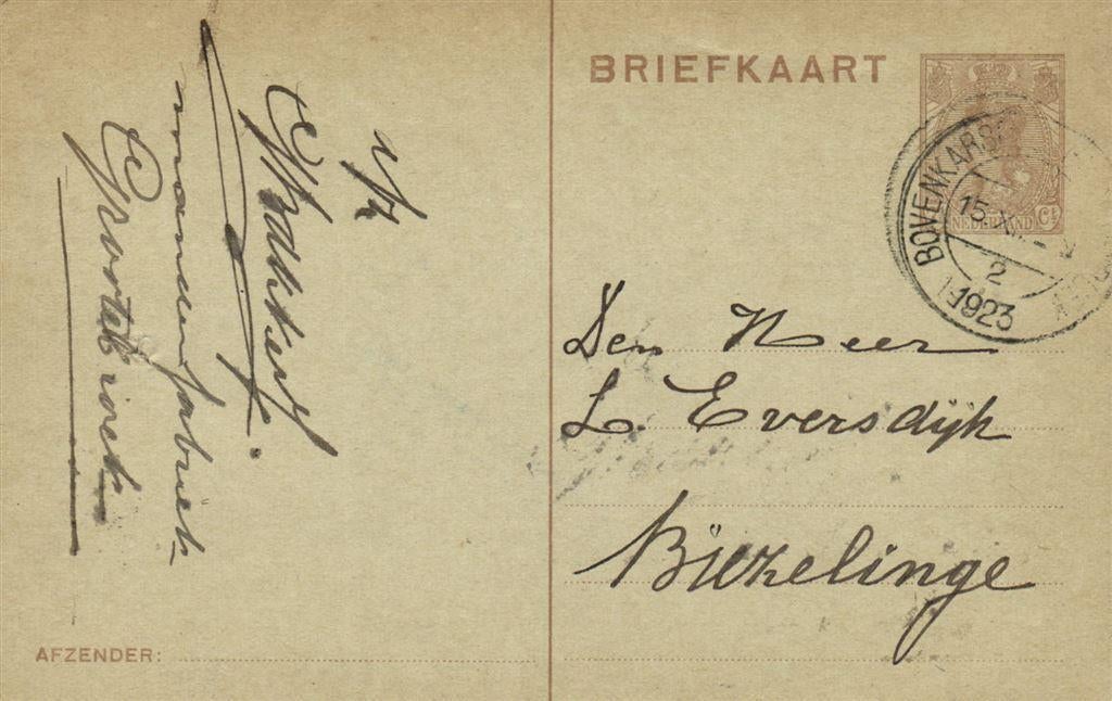 G. v.d. Akker, mandenfabriek, Grootebroek - 12.1923 - briefk, Ophalen of Verzenden, Briefkaart