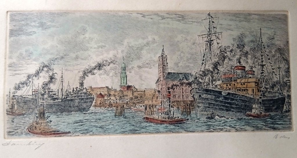 Ingekleurde pentekening haven Amsterdam begin 1900, Maritiem / water, Verzenden, Realistisch, Gesigneerd