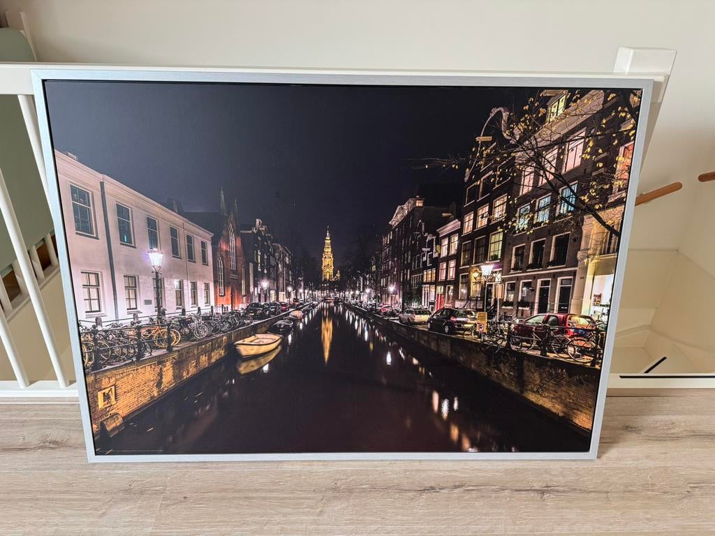 Schilderij Amsterdamse gracht met lijst 140 x 100 cm, Ophalen, 125 cm of meer, Zo goed als nieuw, Schilderij