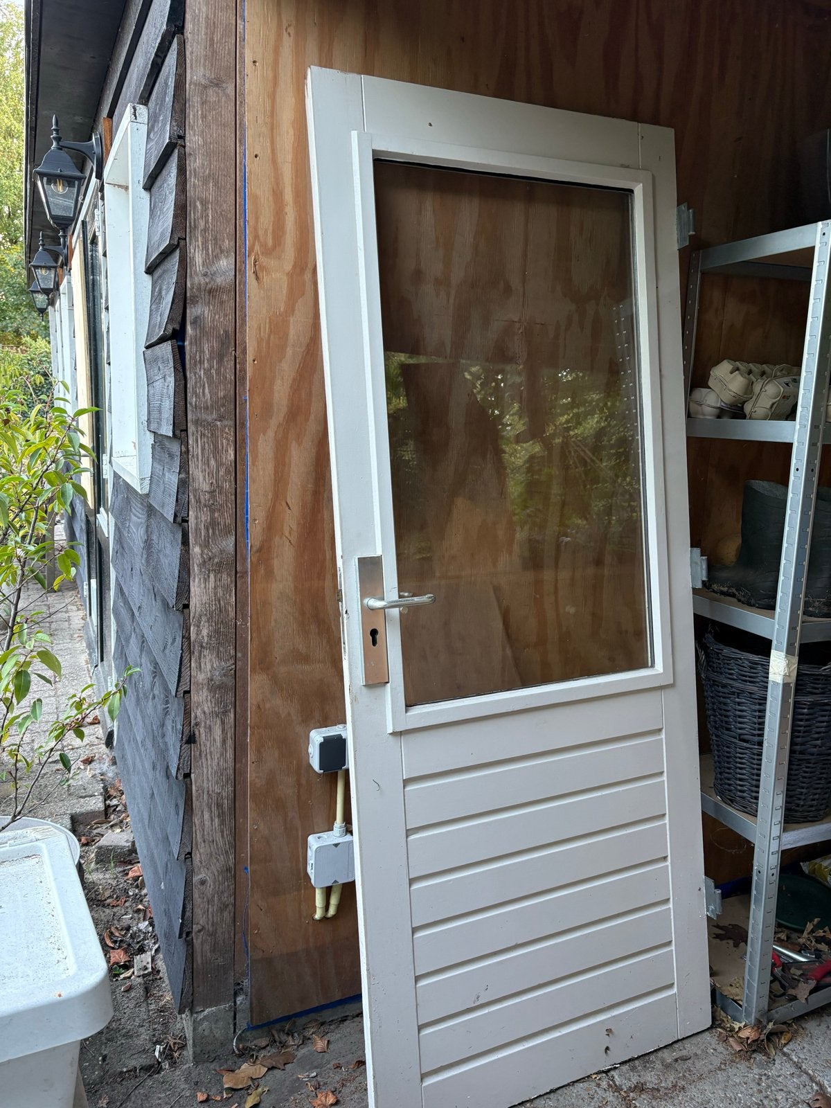 Meranti houten buitendeur met dubbelglas, Ophalen, Gebruikt, 80 tot 100 cm, Buitendeur