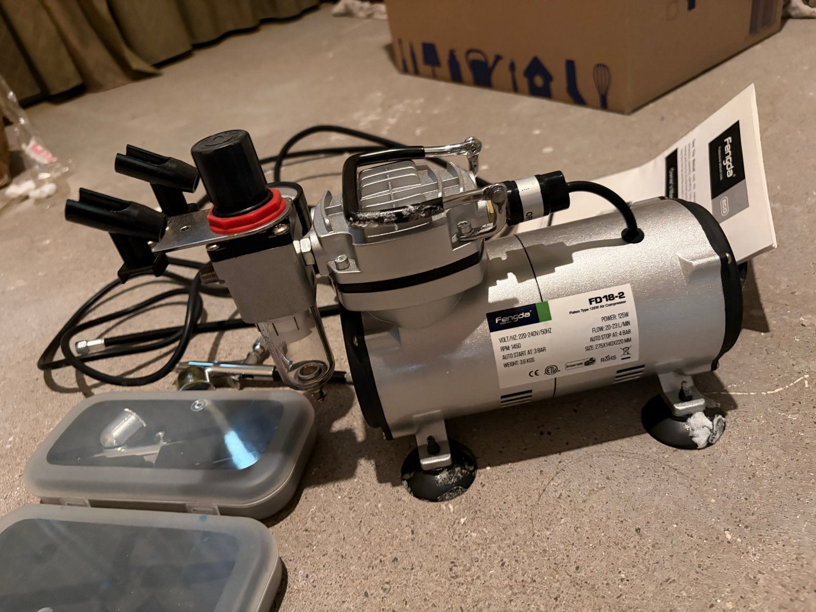 Fengda FD18-2 Airbrush Compressor met Airbrush Set, Ophalen of Verzenden, Zo goed als nieuw, Minder dan 200 liter/min, Olievrij