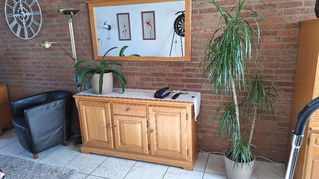 Dressoir met spiegel blank eiken, Ophalen, Gebruikt, Eikenhout, 25 tot 50 cm