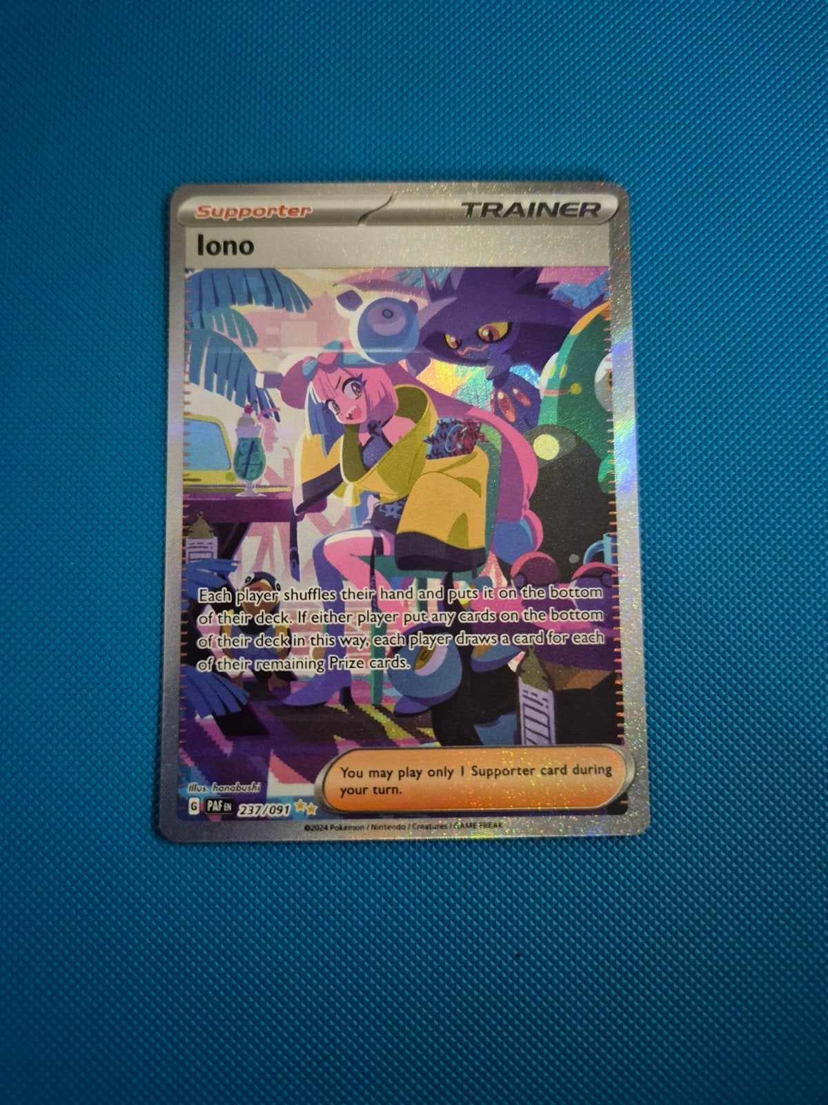 Iono Full Art Supporter Trainer Kaart 237/091 Pokemon, Ophalen of Verzenden, Zo goed als nieuw, Losse kaart, Foil
