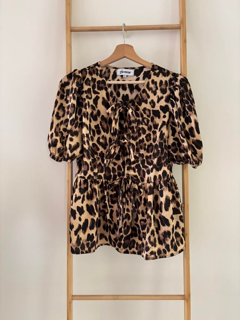 Panterprint peplum top met touwtjes Gimme, Bruin, Ophalen of Verzenden, Zo goed als nieuw, Korte mouw