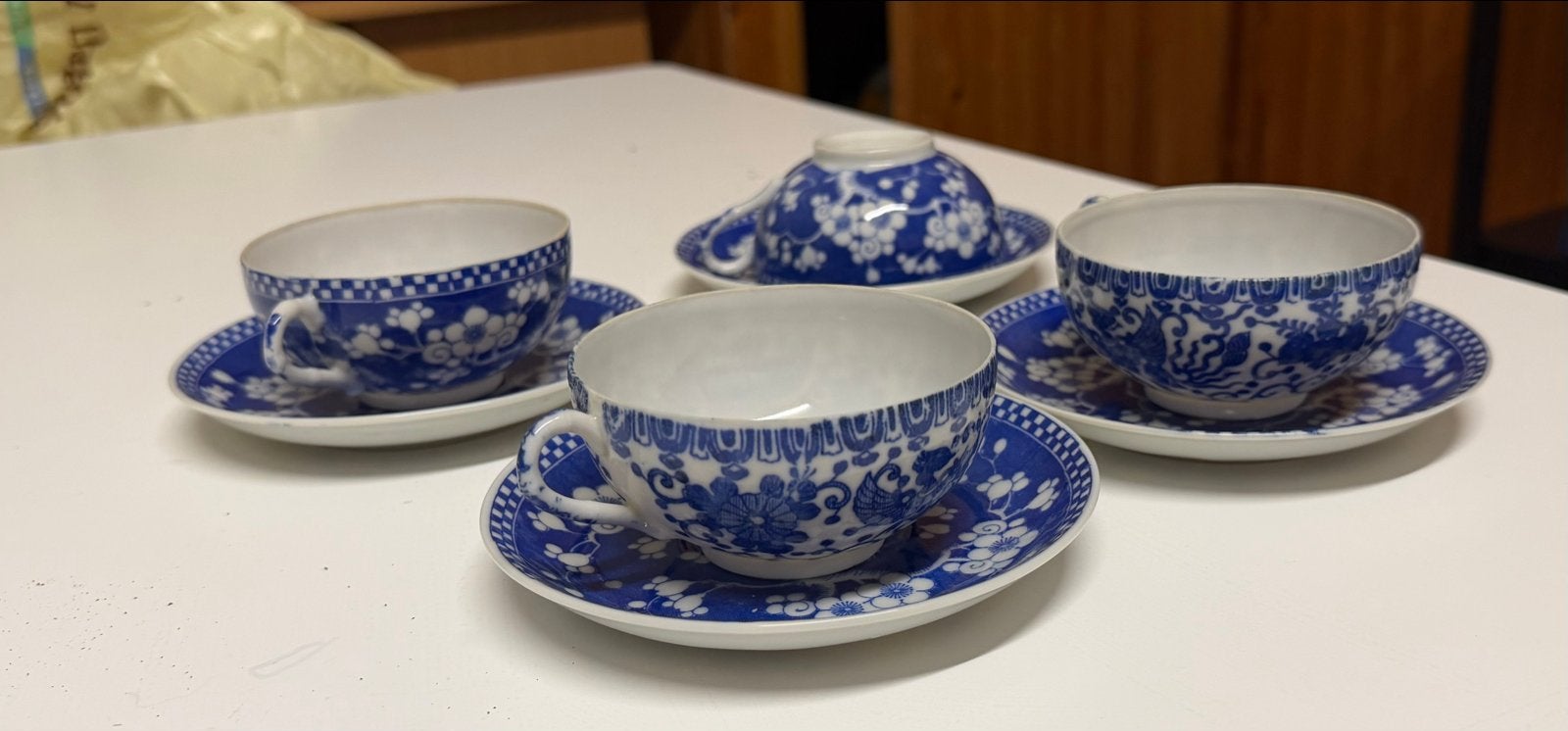 Set van 4 Blauw-witte Kopjes en Schotels, Antiek en Kunst, Ophalen