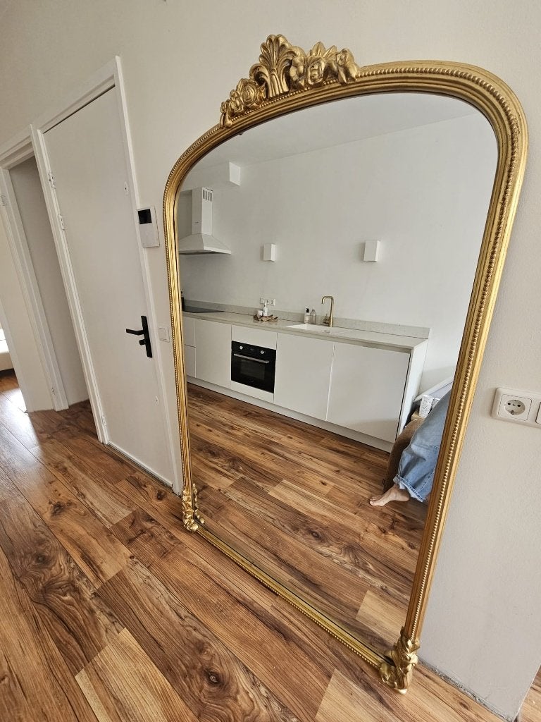 grote goudkleurige standing mirror (125 x 190 cm), Ophalen, 125 cm of meer, Zo goed als nieuw, 150 tot 200 cm