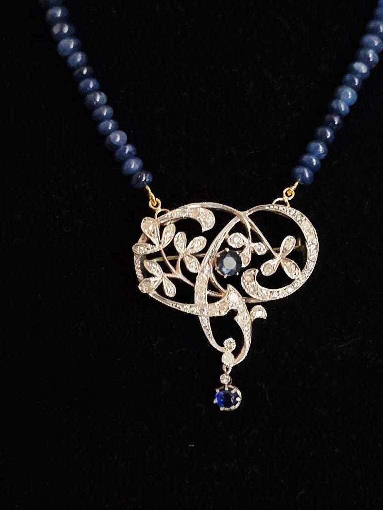 19eeuw broche transformer met collier, saffieren, diamanten, Ophalen of Verzenden, Zilver, Ketting, Met edelsteen