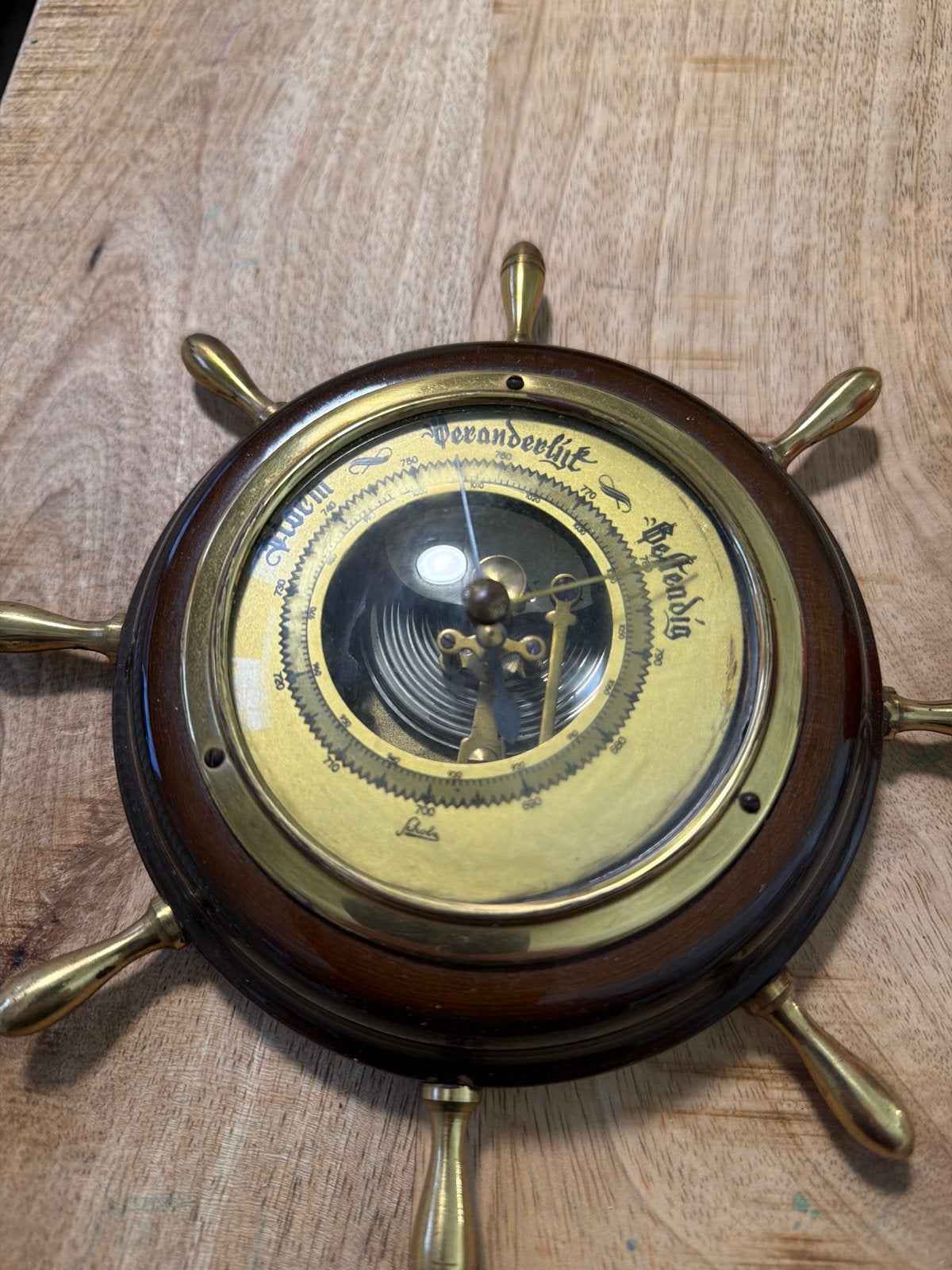 Antieke scheepsbarometer in stuurwiel design, Ophalen of Verzenden, Gebruikt, Barometer
