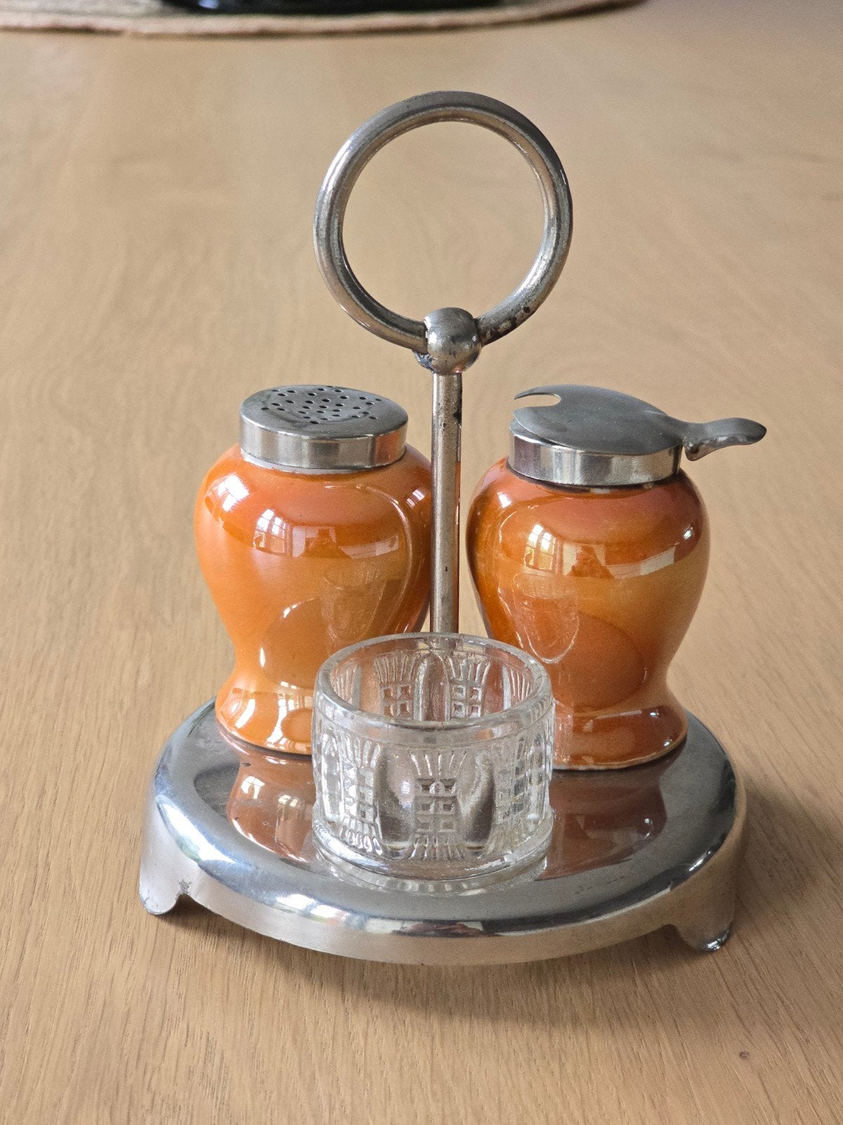 60S lusterware keramieken peper & zout stel parelmoer oranje, Ophalen of Verzenden