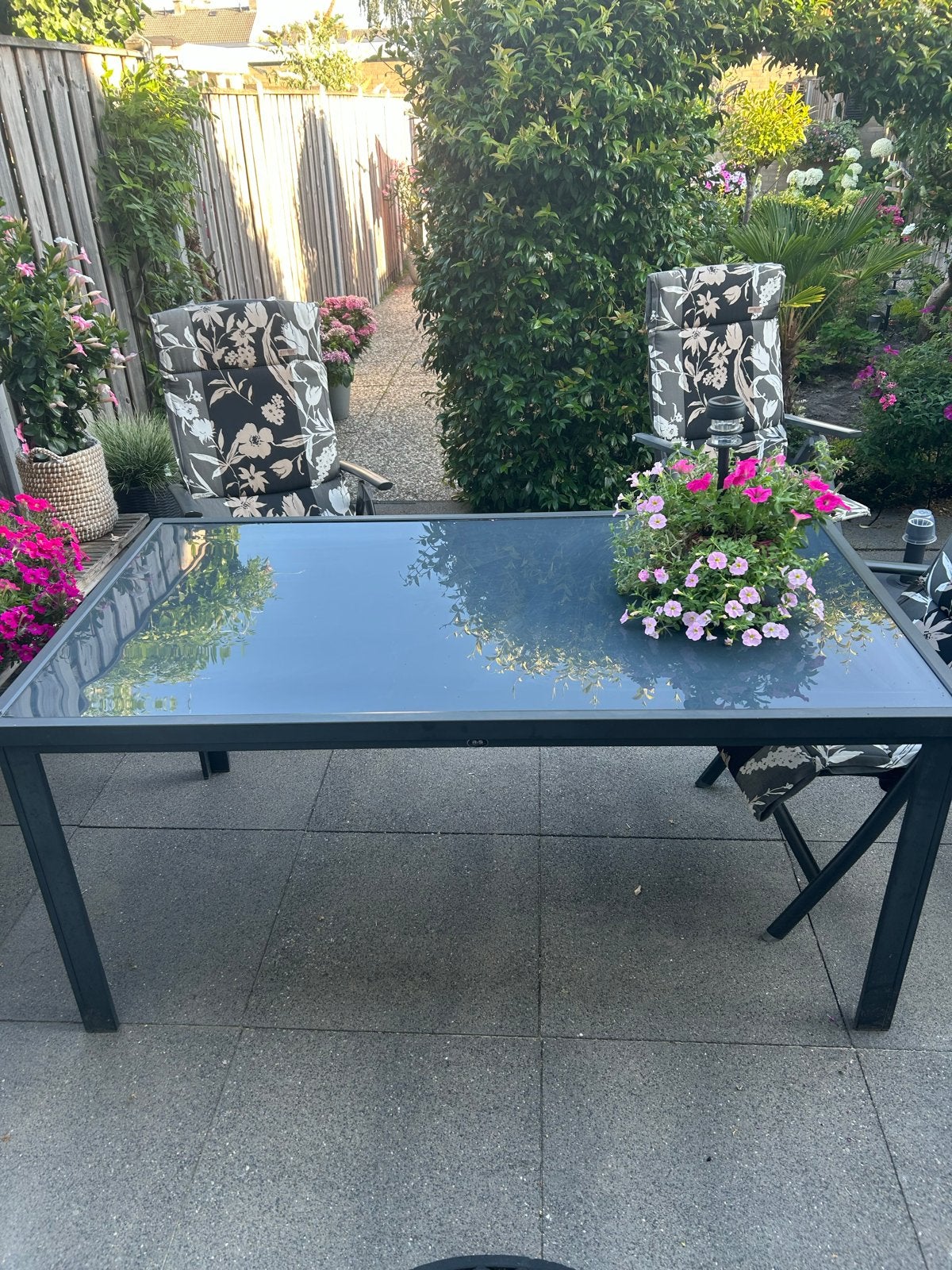tuintafel van RVS met glazen blad, Tuin en Terras, Tuintafels, Ophalen, Gebruikt, Rechthoekig, Rvs