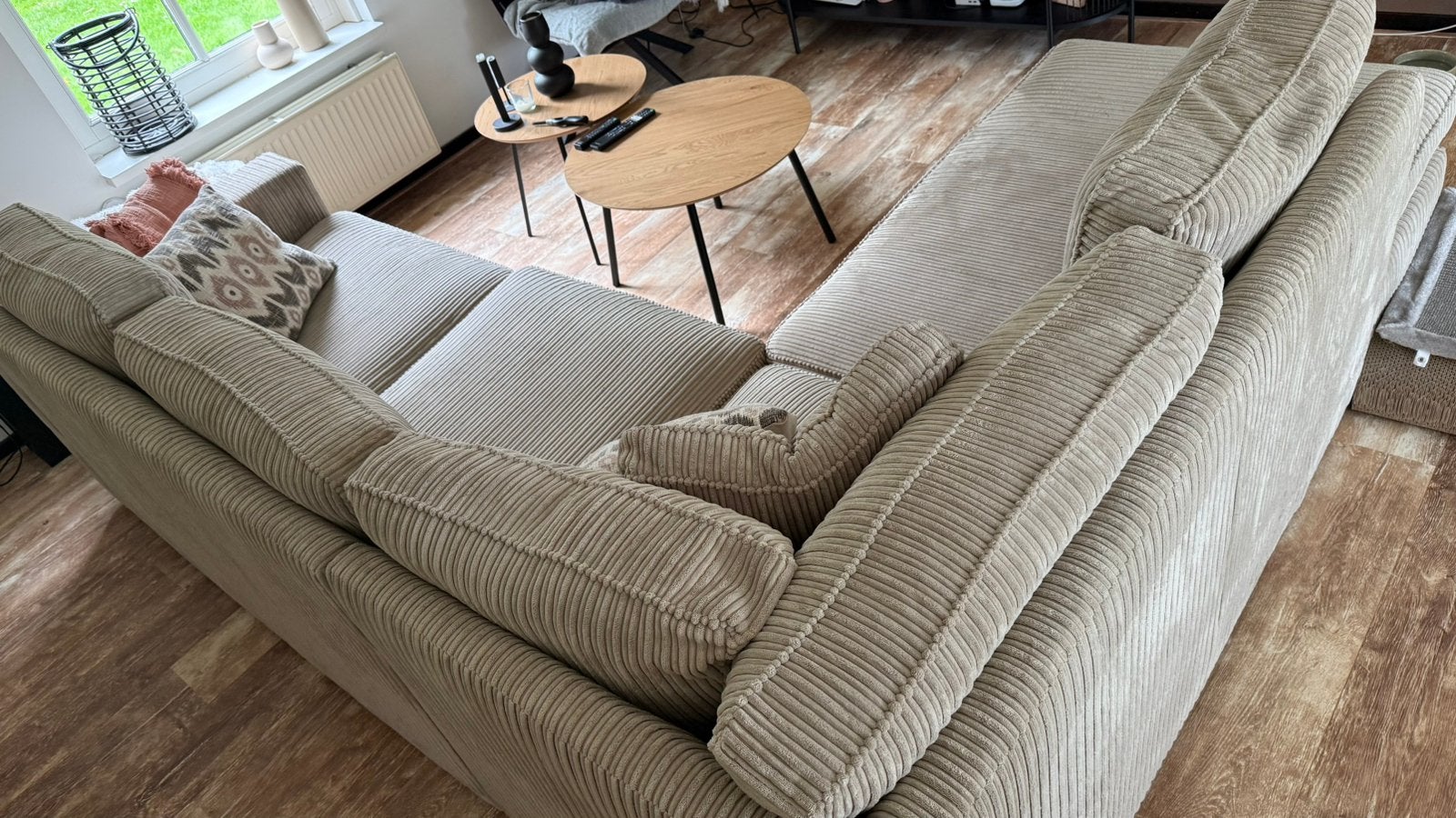 Hoekbank ribstof beige/zand, Ophalen, Zo goed als nieuw, Stof