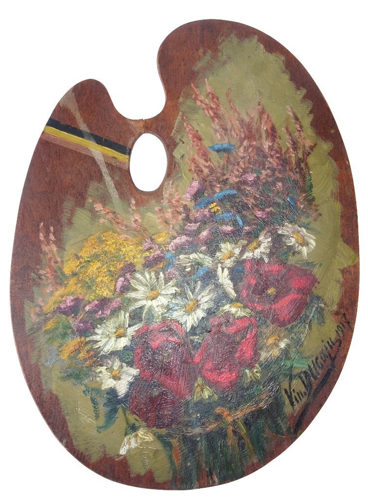 Veilinghuis Oranje -  Antiek palet bloemenstilleven 1917, Paneel, Impressionistisch, Olieverf, Gedateerd