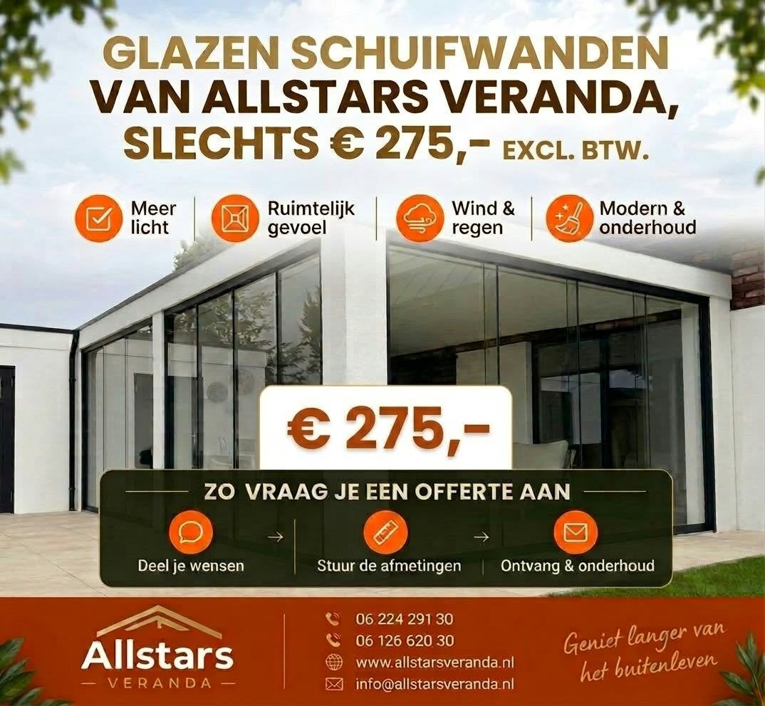Allstars Veranda Glazen Schuifwanden Zommer Korting, Ophalen, Nieuw, Veranda