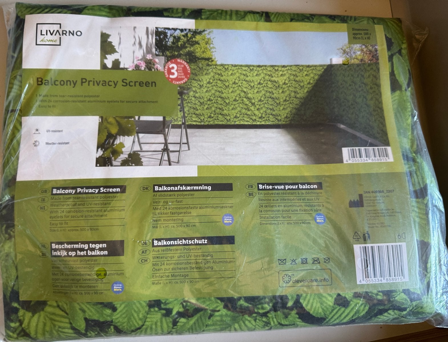 Balkon Privacy Scherm - Groen Bladmotief (500x90cm), Tuin en Terras, Ophalen, Kunststof, Nieuw, 200 cm of meer