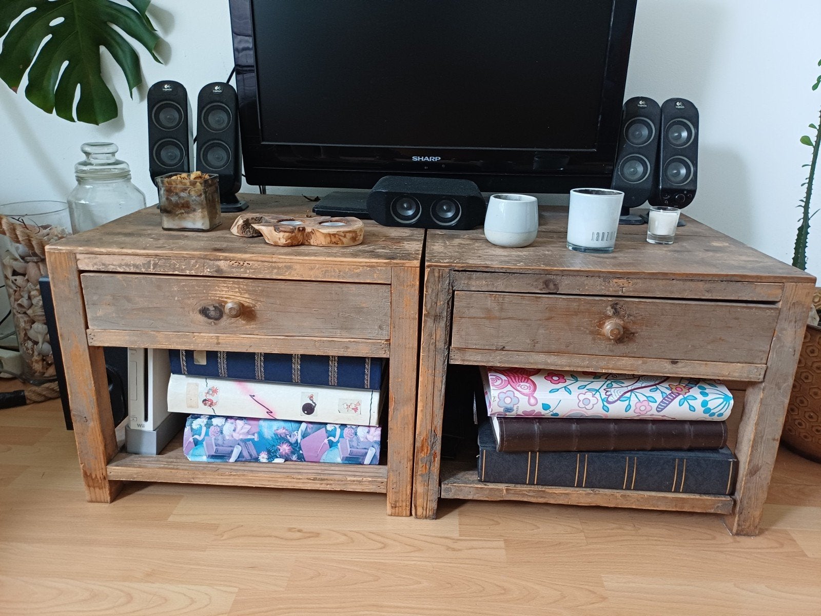 Set van 2 rustieke houten bijzettafels, Ophalen, Minder dan 45 cm, Minder dan 55 cm, Gebruikt