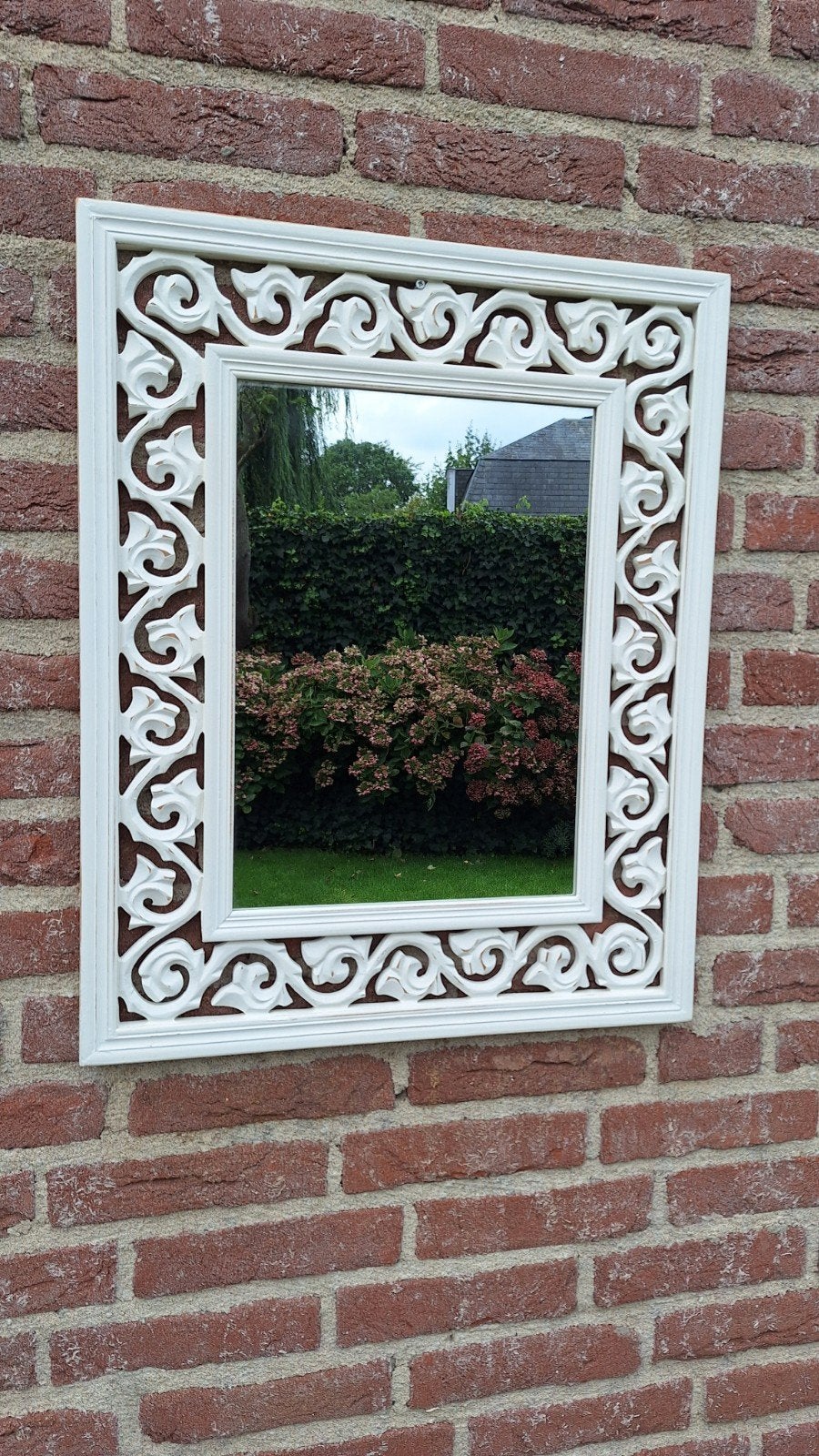 Tuinspiegel hout wit / Witte houten spiegel, Ophalen, Minder dan 50 cm, Zo goed als nieuw, Minder dan 100 cm