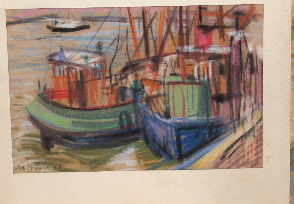 No 14 Levendig pastel schilderij van vissersboten, 1969, Antiek en Kunst, Verzenden, Papier/karton, Stadsgezicht, Pastel
