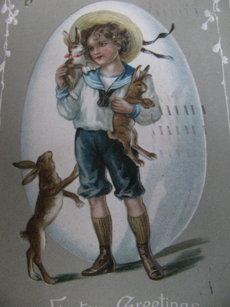 Antieke Kaart uit 1910 - Kind in Matrozenpak / Konijn, Verzenden, Voor 1920, Gelopen, Feest(dag)