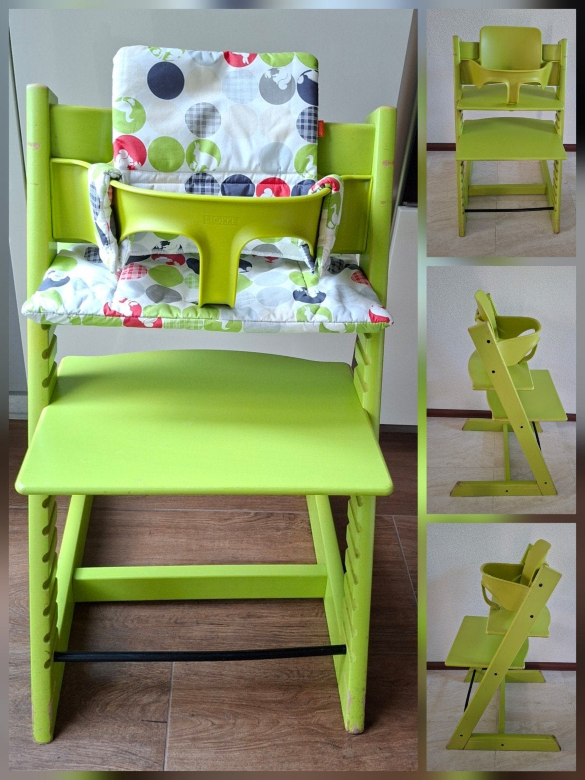 Stokke tripp trapp groen met babyset en kussenset, Ophalen of Verzenden, Gebruikt, Meegroeistoel