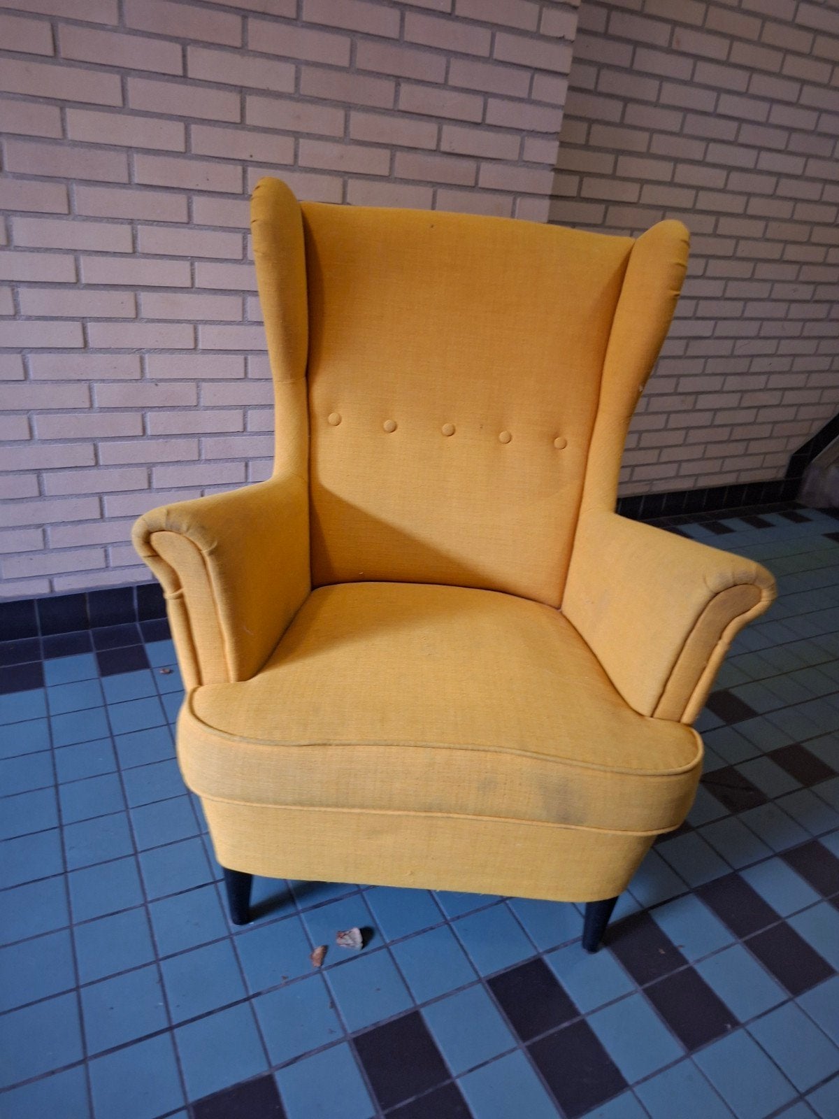 Ikea Strandmon retro fauteuil - Geel, Gebruikt, Modern, Scandinavisch, 75 tot 100 cm, Ophalen of Verzenden