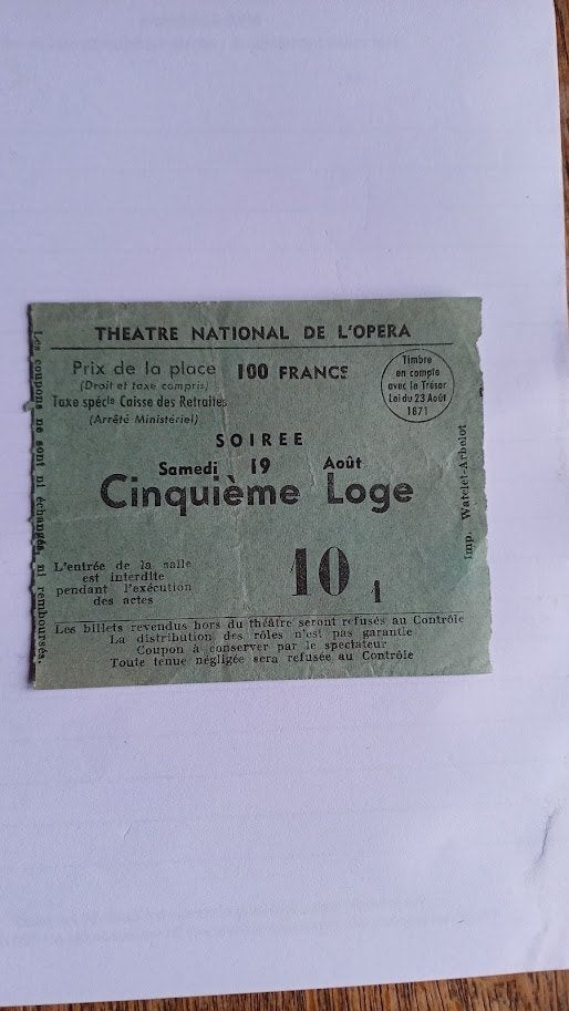 L'Opera Parijs 1951 / Toegangskaartje Palais Garnier Paris, Antiek en Kunst, Ophalen of Verzenden