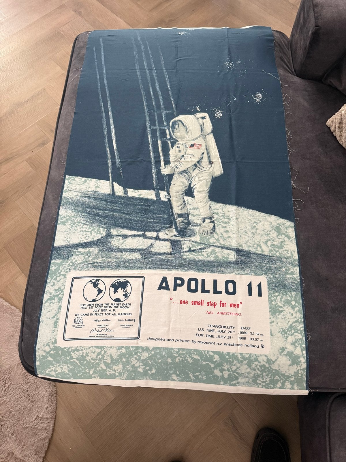 Vintage Apollo 11 print op linnen - Texoprint Enschede 1969, Ophalen of Verzenden, Gebruikt