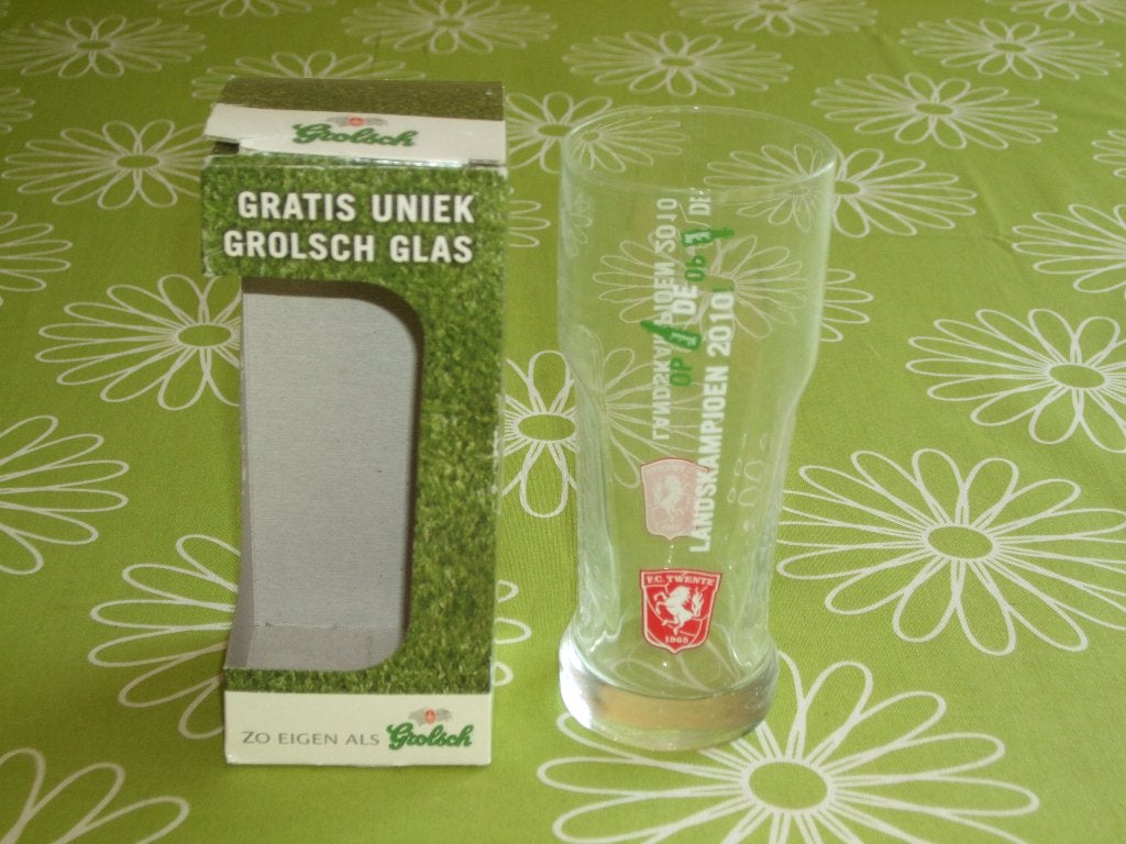 Grolsch glas + doosje FC Twente - op de landskampioen 2010, Verzamelen, Ophalen of Verzenden, Zo goed als nieuw, F.C. Twente, Overige typen