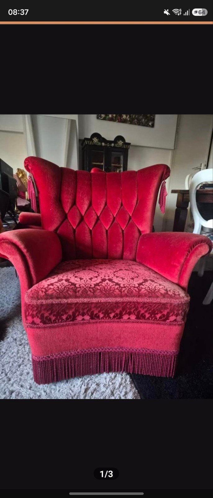 Barok Stijl Fauteuil x 2 - Rood Fluweel, Gebruikt, Barok, 75 tot 100 cm, Ophalen of Verzenden