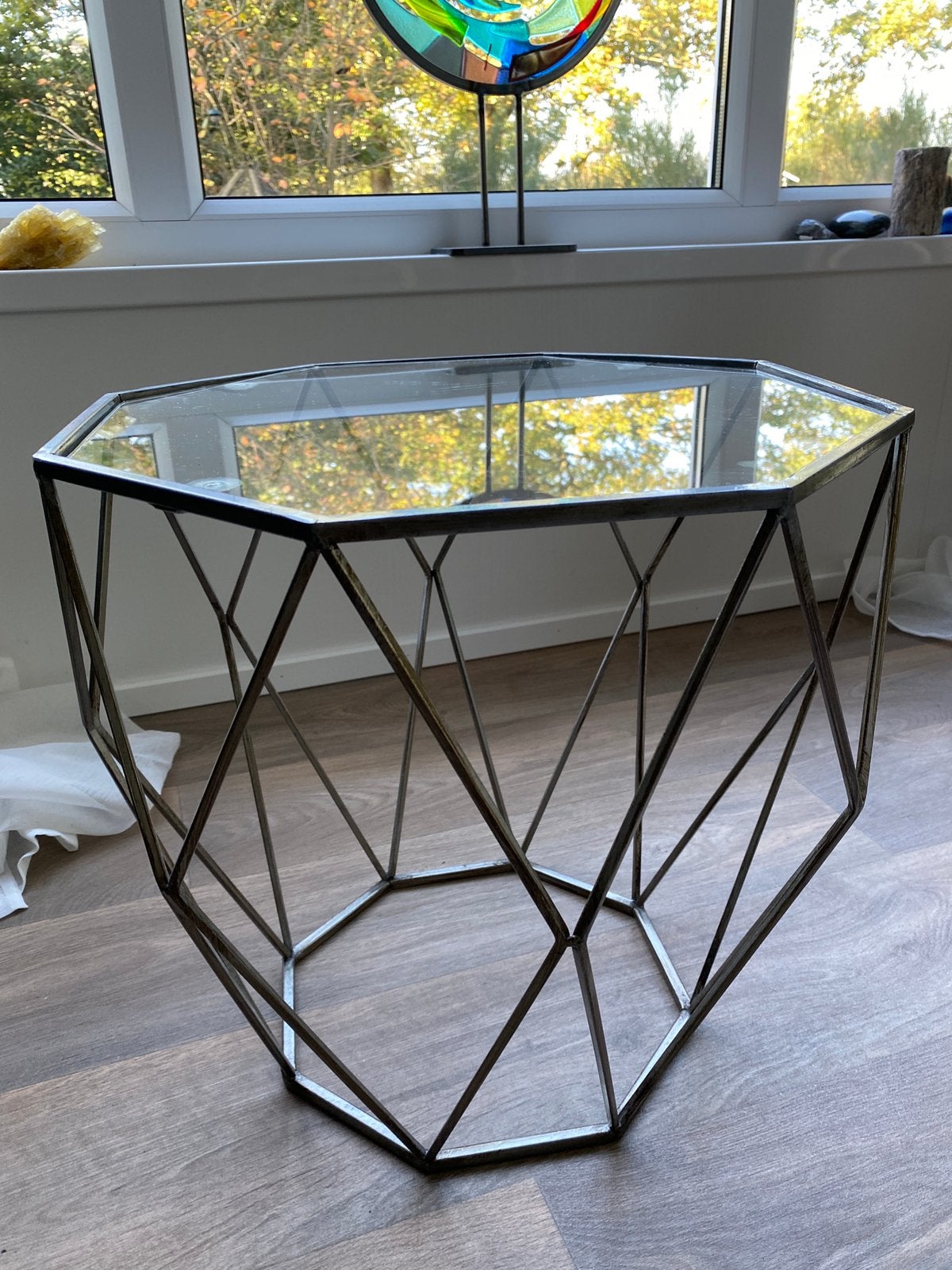 Bijzettafel 8-hoekig glas en staal, Ophalen, Minder dan 45 cm, Minder dan 55 cm, Gebruikt