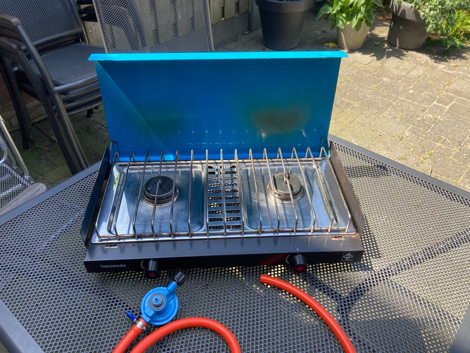 Hacienda 2-pits camping gasstel met gasslang en drukregelaar, Ophalen, Gebruikt
