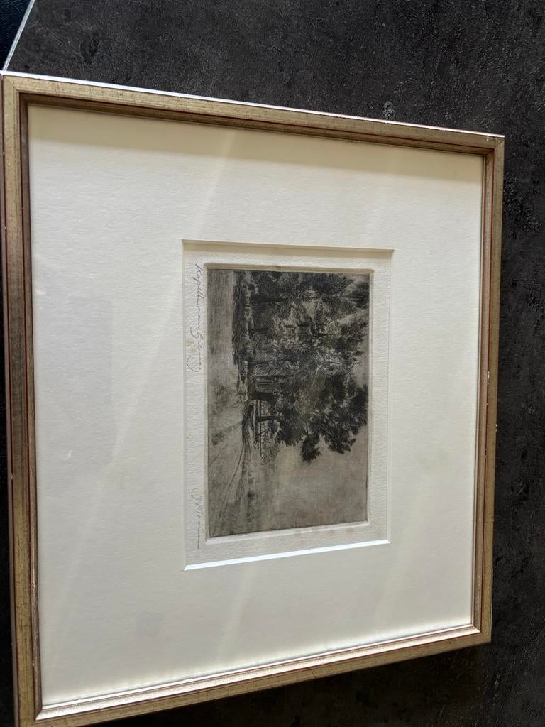 Antieke Ets: Landschap met Bomen en Gebouw, Gesigneerd, Ets, Ophalen of Verzenden, Gesigneerd, Landschap
