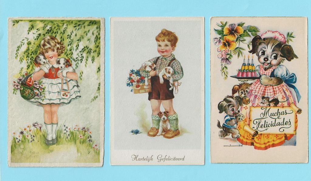 3 x oude kinderkaart met hondjes, Ophalen of Verzenden, 1960 tot 1980, Kinderen