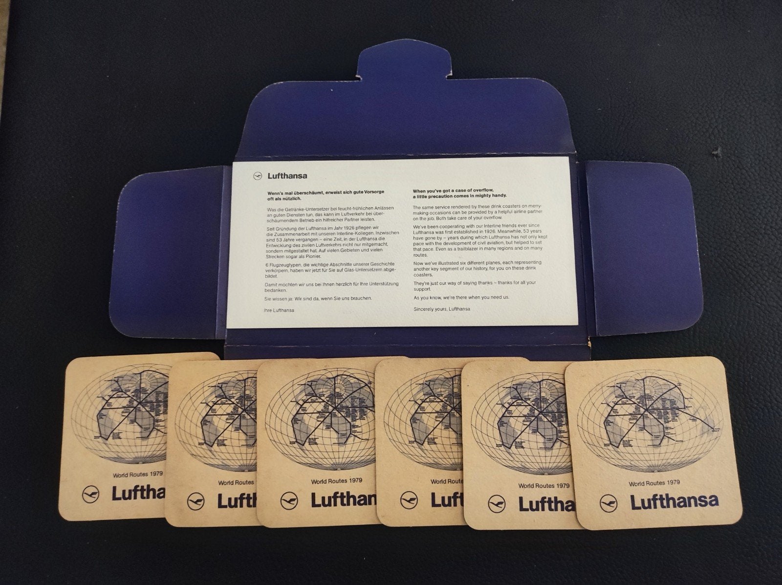 Lufthansa World Routes 1979 Onderzetters Set, Verzamelen, Luchtvaart en Vliegtuigspotten, Ophalen of Verzenden, Nieuw, Overige typen