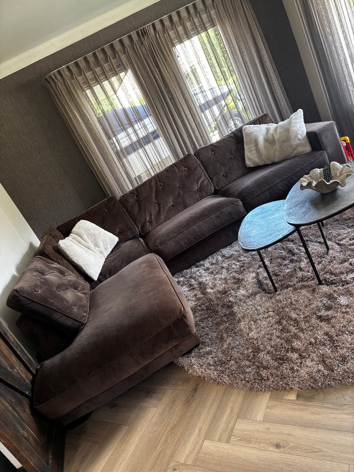 Comfortabele Velours Hoekbank - Bruin, Ophalen, 250 tot 300 cm, Gebruikt, 100 tot 125 cm