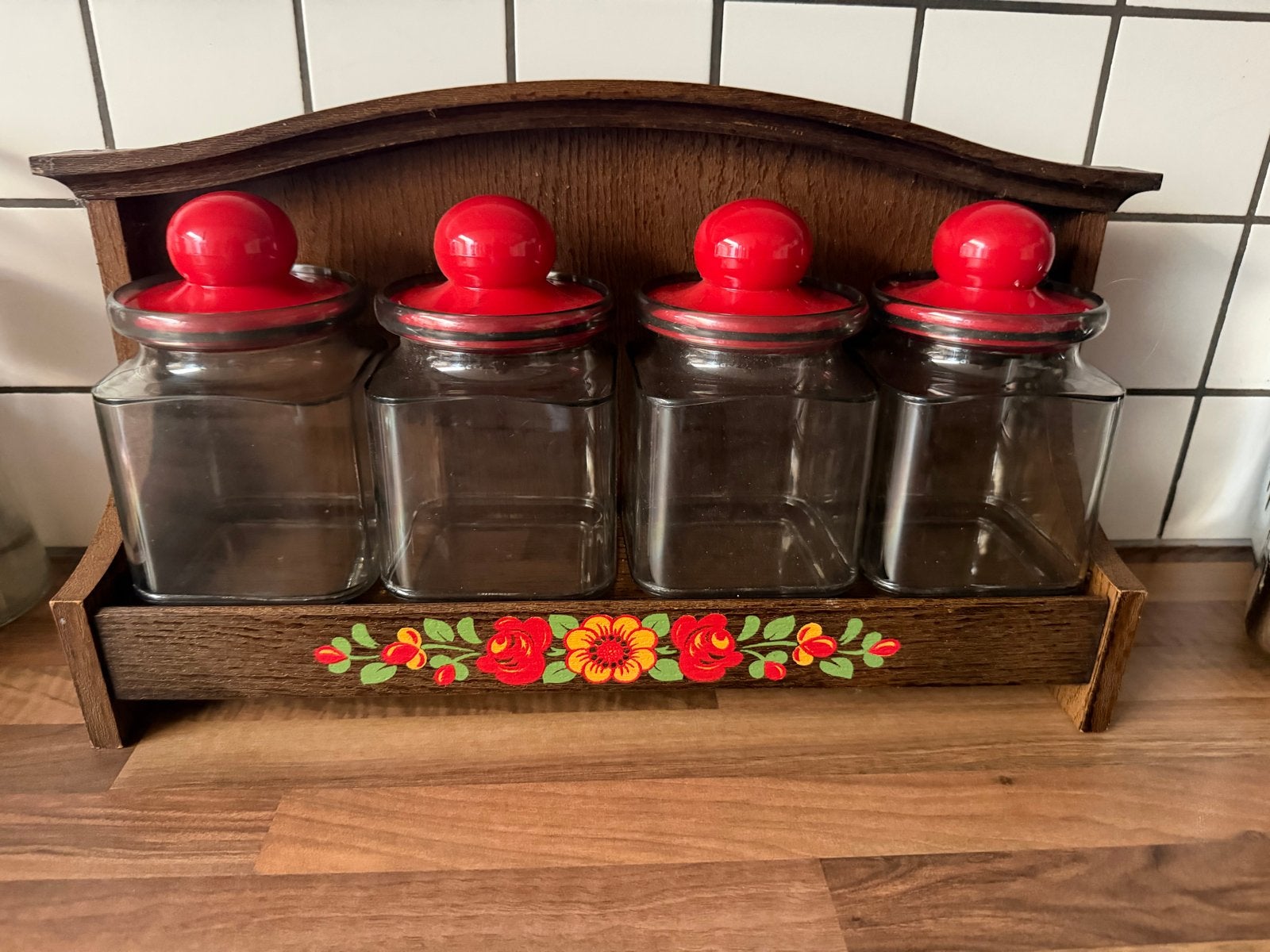 Vintage Emsa voorraadset jaren '70 met houten rek en potten, Verzamelen, Retro, Ophalen of Verzenden